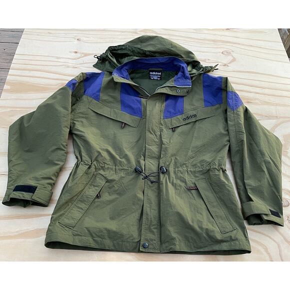 ADIDAS Men's Windbreaker‎ Hooded Rainproof Jacket Army Green/Blue SIZE Medium - Picture 1 of 10